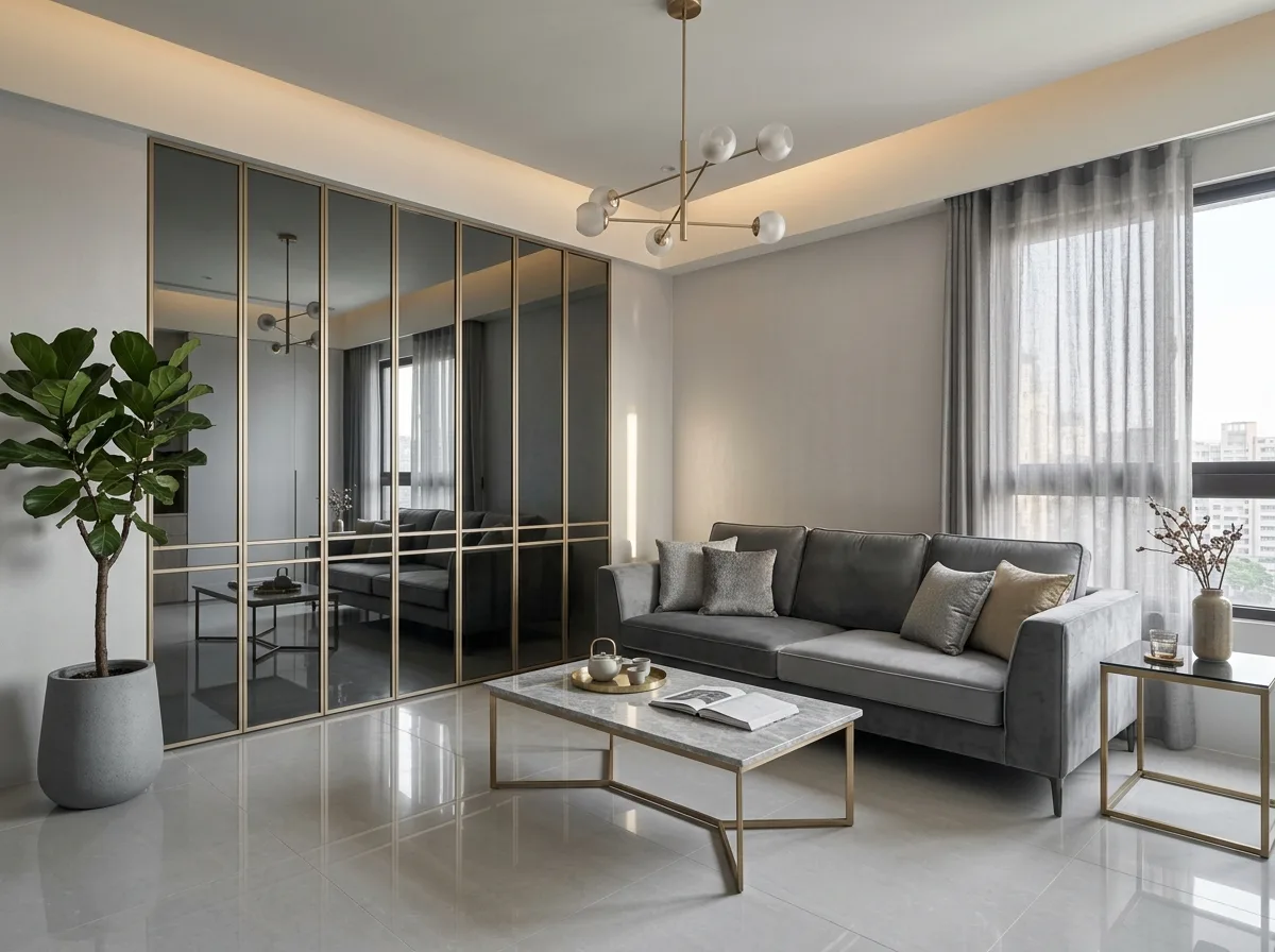 Light Luxury Grayscale Living Room: Gray Glass, Velvet, and Champagne Gold