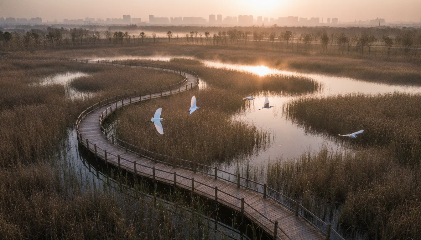 湿地公園 · 日の出の朝霧 空撮