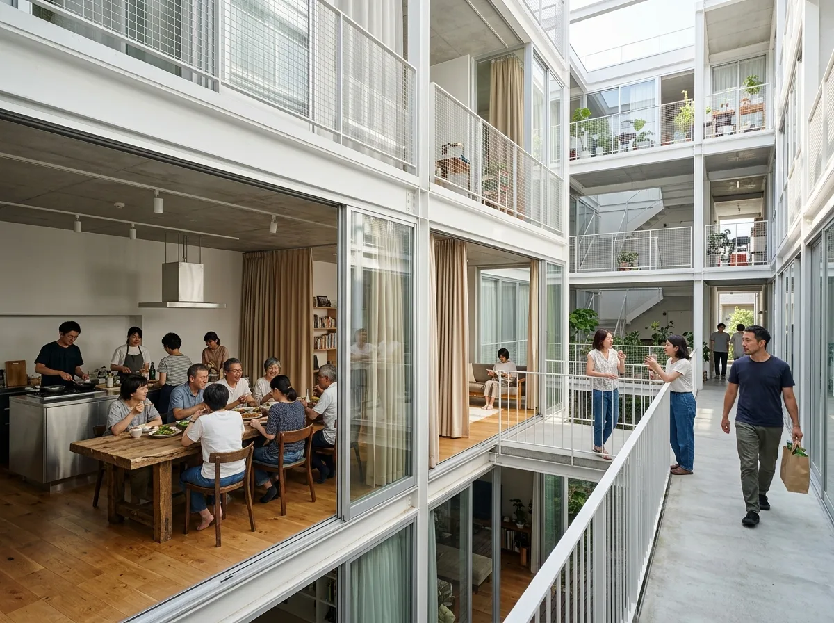 Collective Living Interiors: Shared Kitchens and Transparent Public-Private Transitions