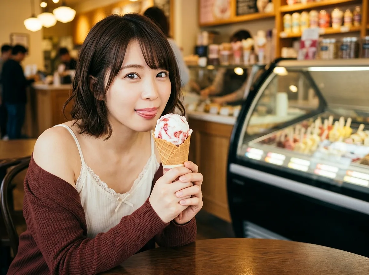 アイスクリームショップへの寄り道：温かい光、木製テーブル、ストロベリーコーン