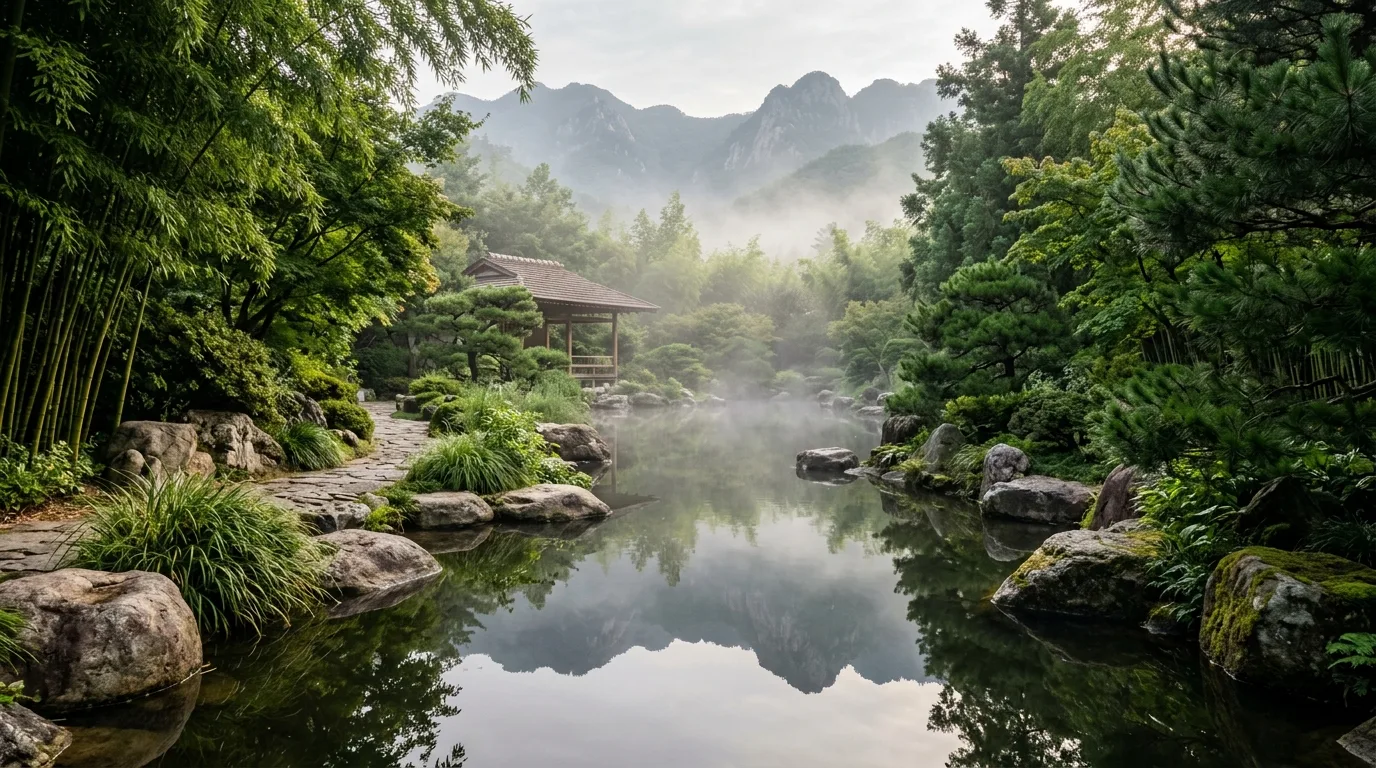 山间秘境庭园：雾气缭绕的禅意水景