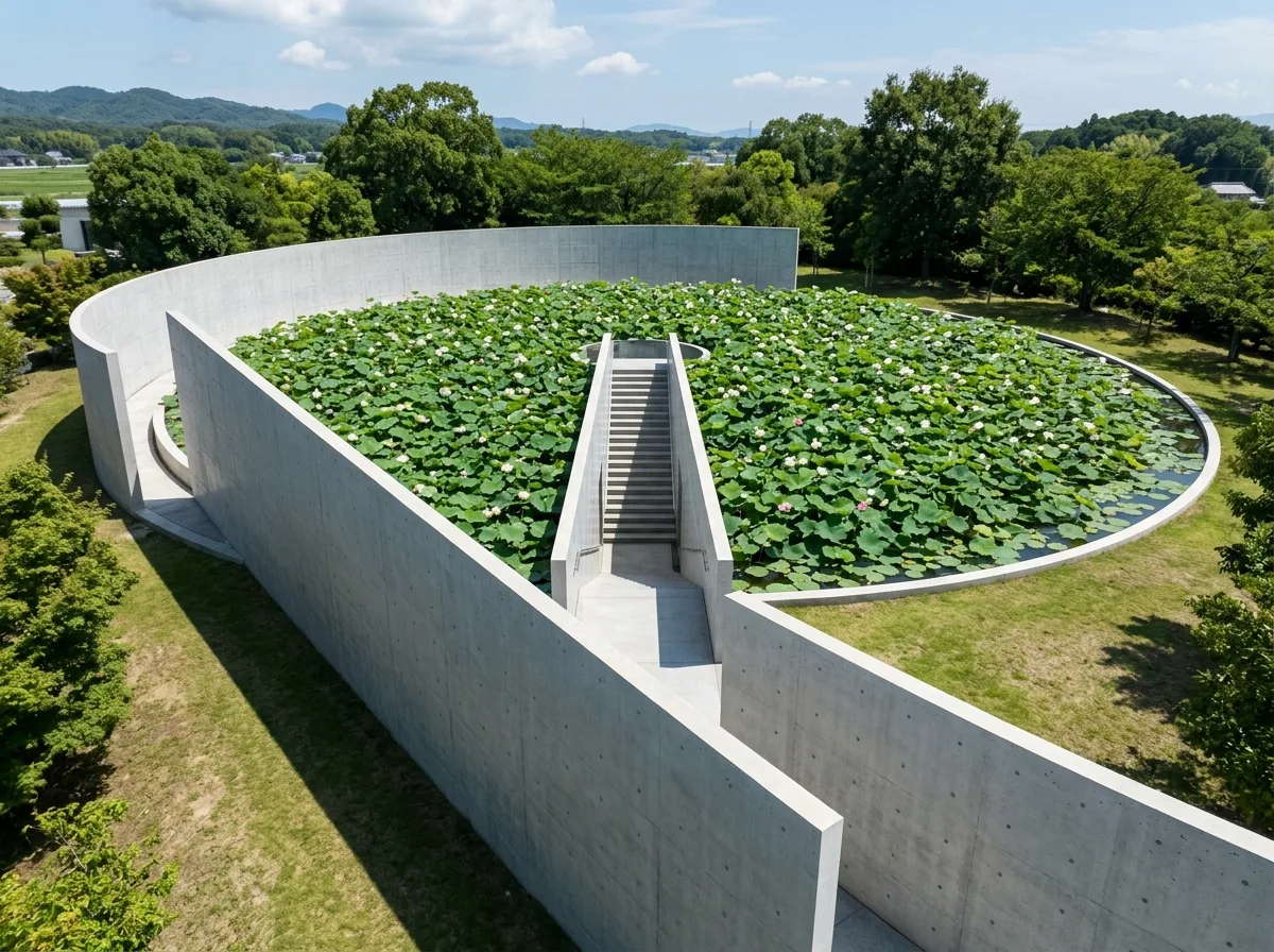 安藤忠雄｜水御堂：蓮池を抜けて下へ降りるエントランス