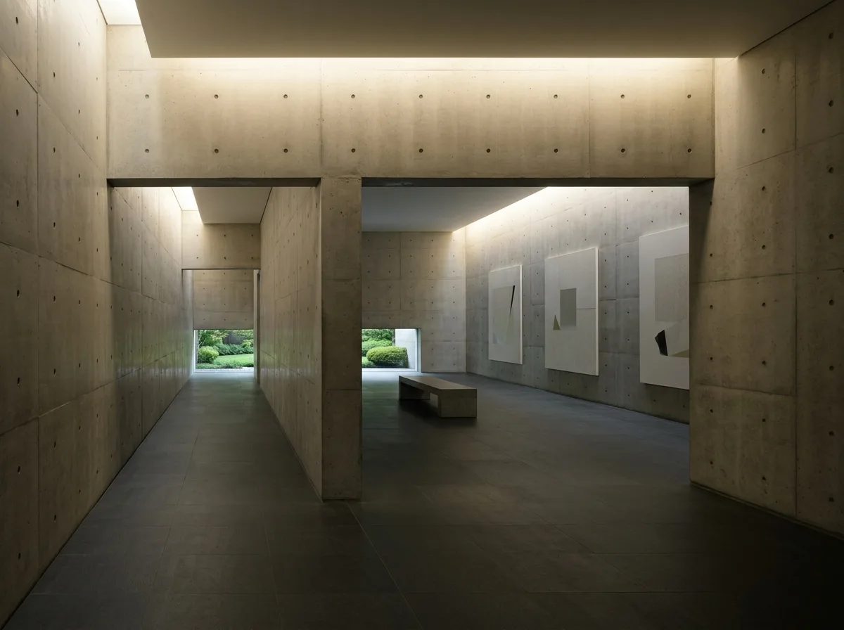Raw Concrete Gallery: Sequential Spaces and Indirect Lighting