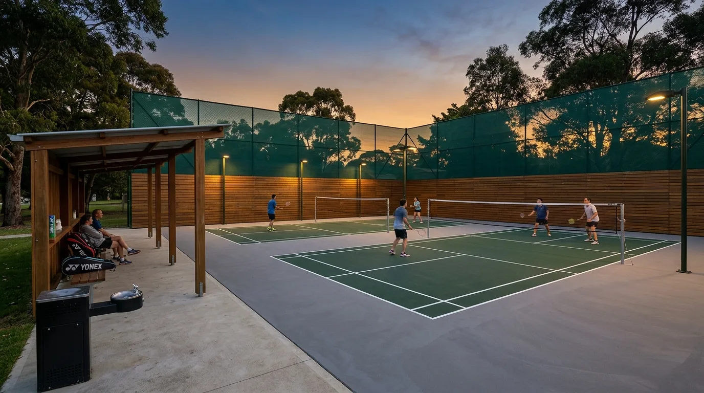 Outdoor Badminton Court: Windbreak Strategies and Low-Hanging Luminaires