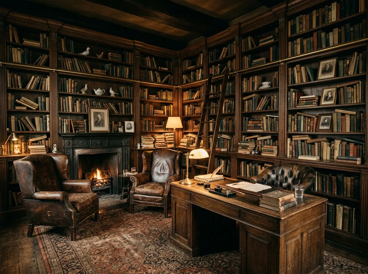 English・Library: Bookshelves and Leather Chairs