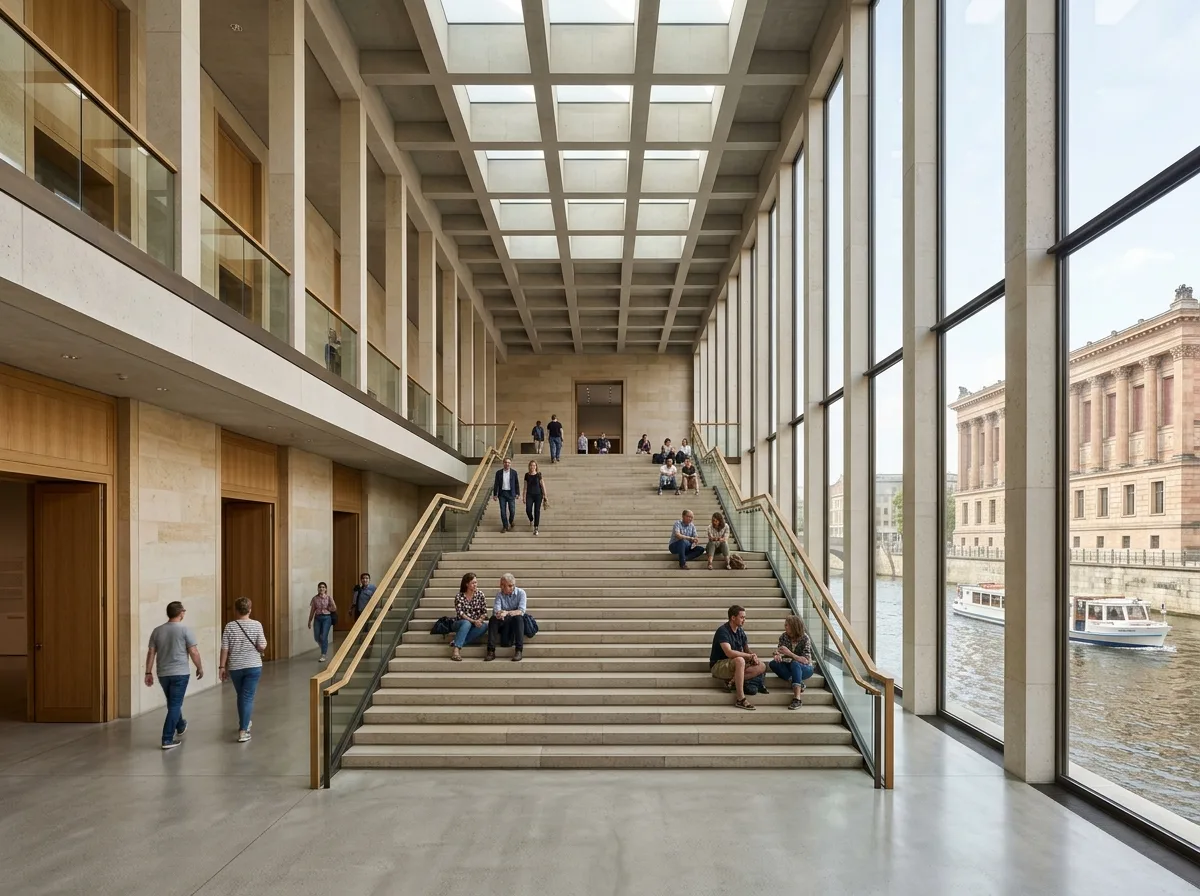 Museum Lobby Interior: Wide Staircase, Limestone & Bronze