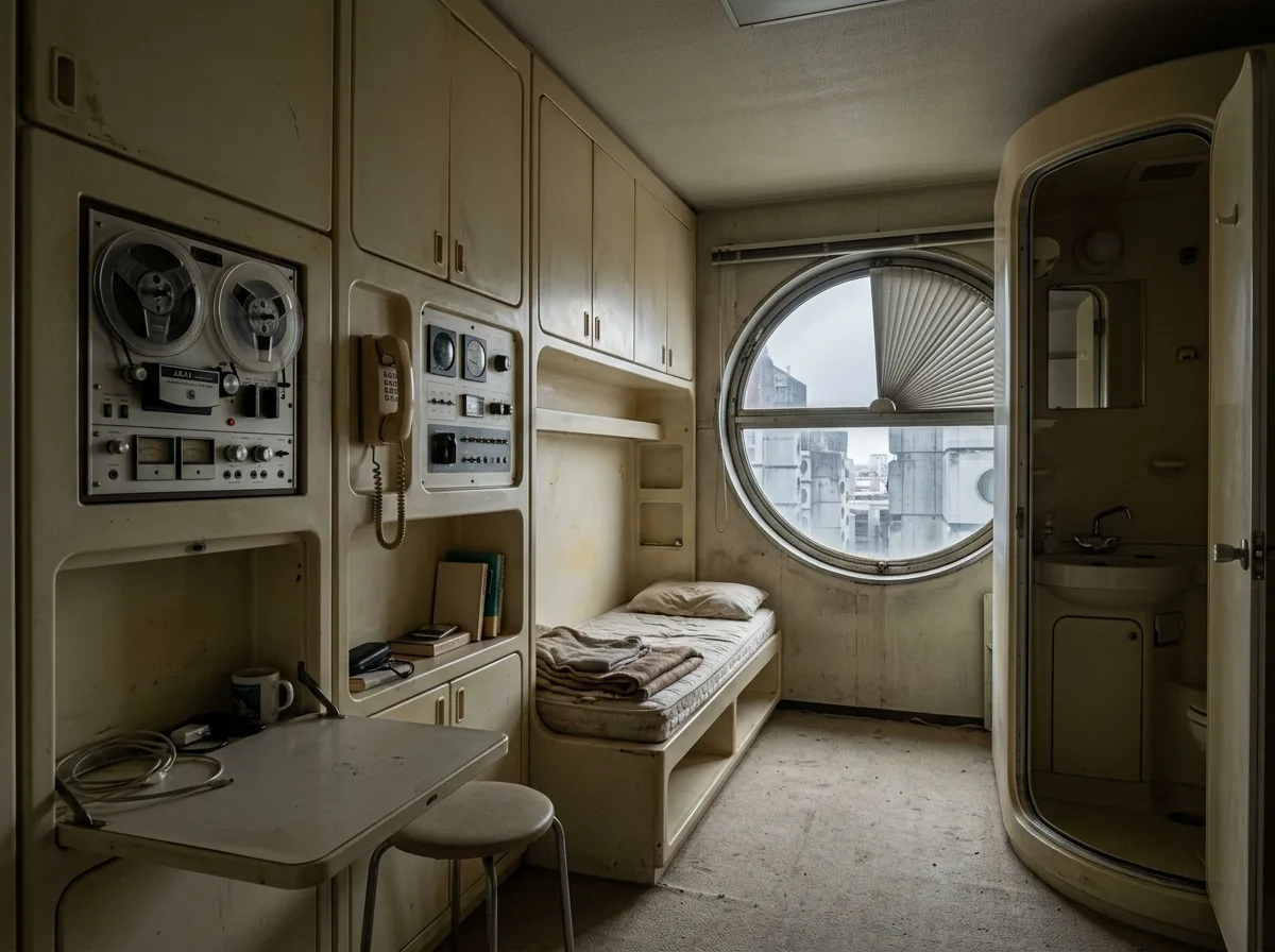 Interiors of Replaceable Living Units: Round Windows and Built-in Equipment Walls