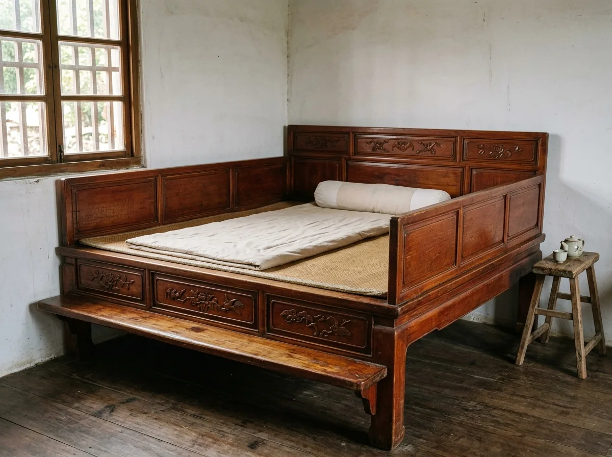 Red Wooden Bed: The Old Carved, Low-Legged Bed