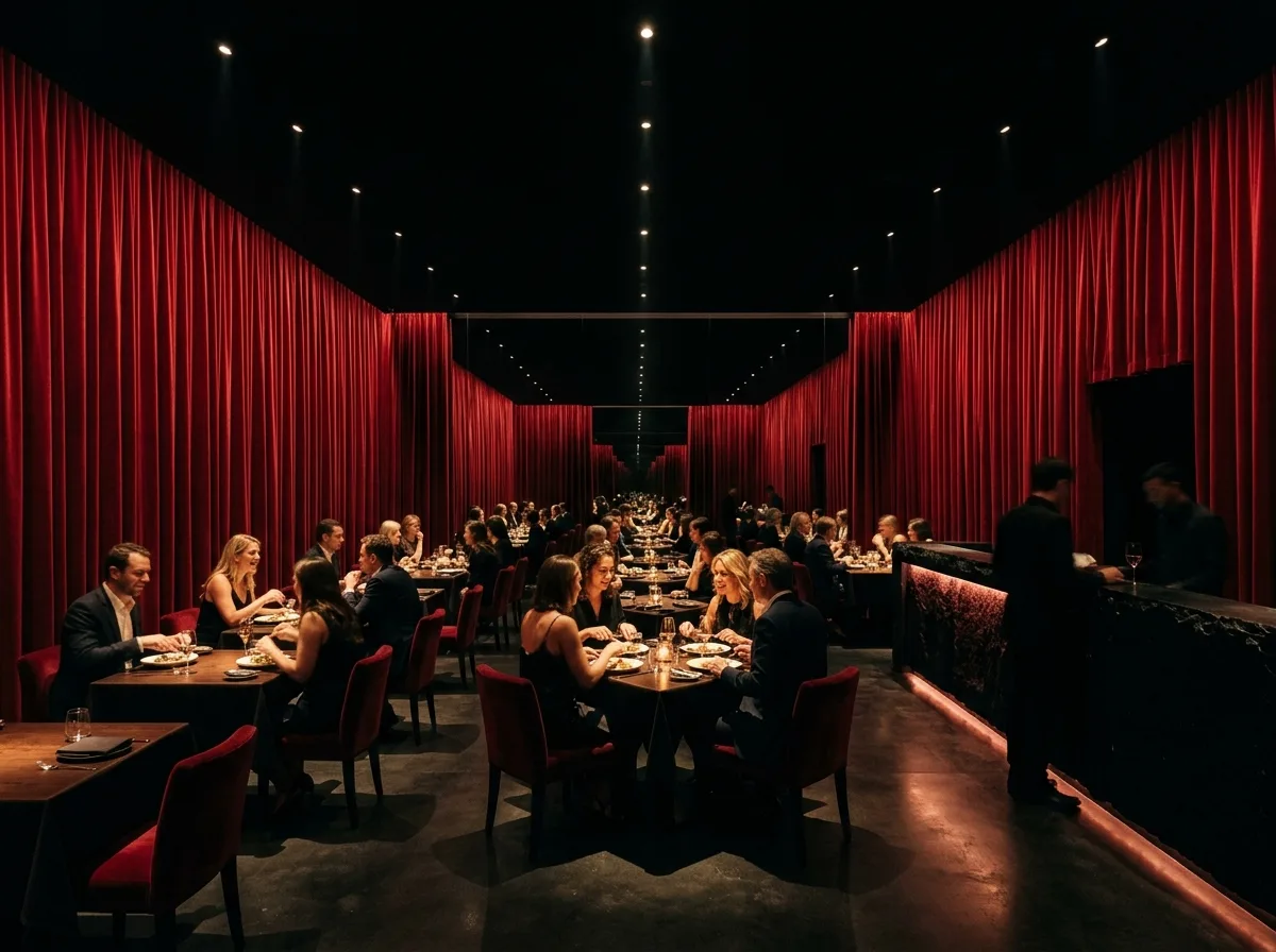 Dark Theater Restaurant: Red Curtains and Mirrors