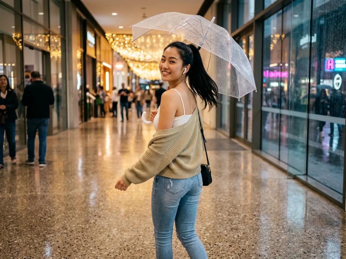 Shopping Mall Transparent Umbrella: Wet Reflective Floor & Golden Bokeh