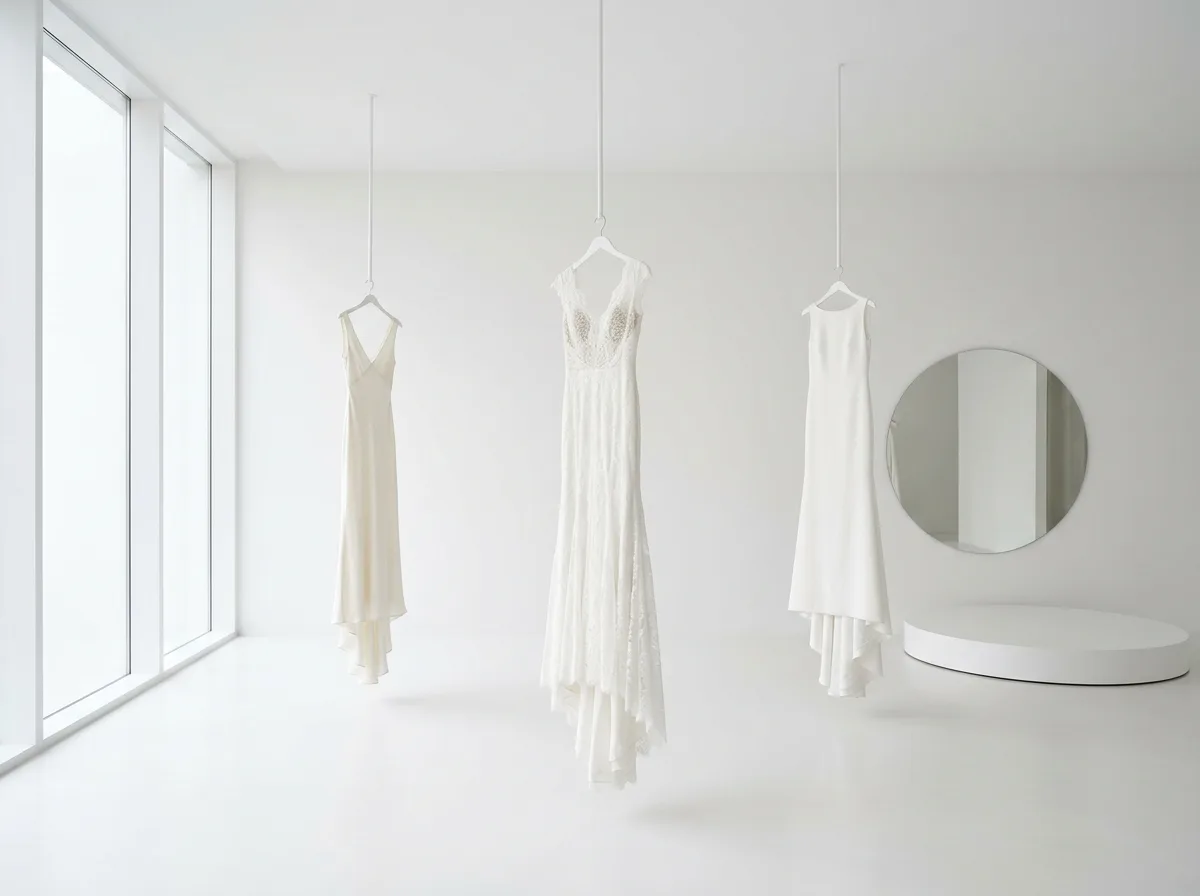 Minimalist Exhibition Hall Wedding Dresses: White, Light, and Dress Silhouettes