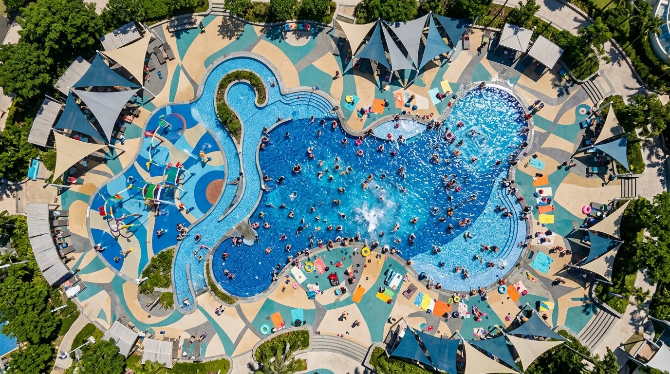 Aerial View: Patterns of People, Water, and Pavement