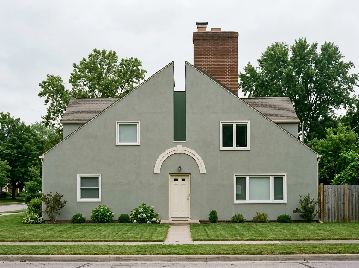 Split Gable House: Exaggerated Scale Entrance and Chimney