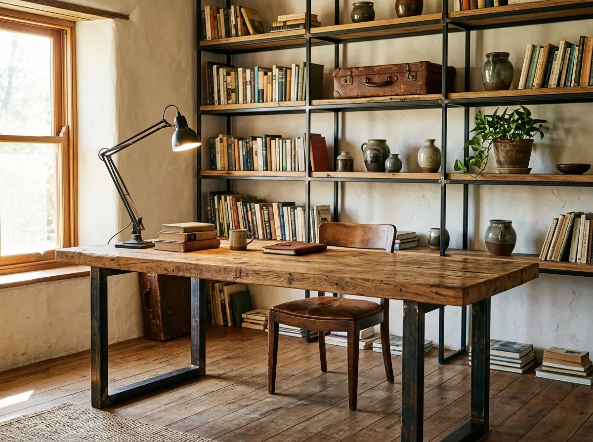 Solid Wood Style Study: Solid Wood Long Table and Black Iron Shelving