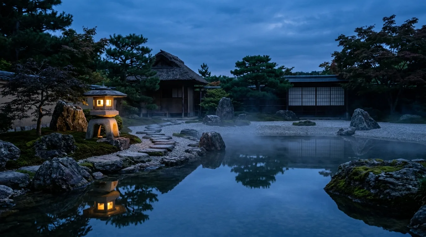 Blues Zen Garden: Still Water Reflecting Moon and Stone Lantern