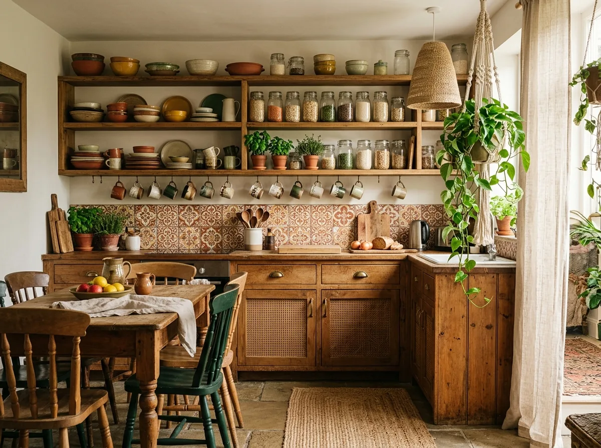 Bohemian Kitchen: Open Shelving & Hand-Painted Tiles
