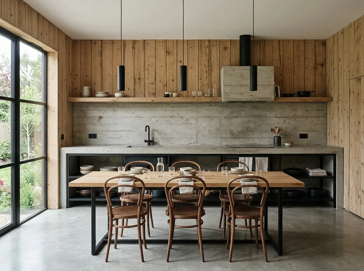 Modern Rustic Kitchen/Dining: Concrete Countertops and Wooden Table