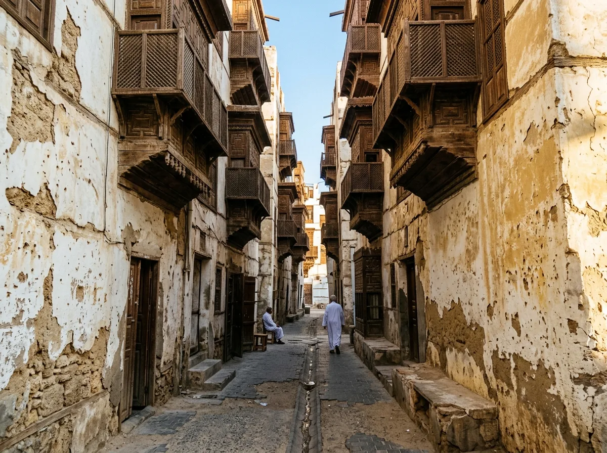 Old Town Alley: White Walls, Wooden Grilles, and a Strip of Sky
