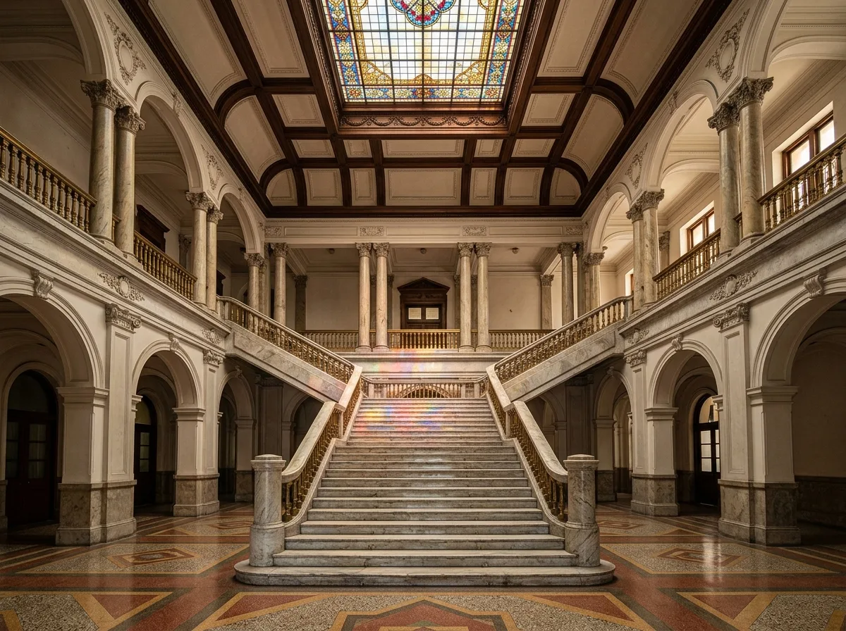 Government Building's Double-Height Central Hall: Marble Staircase and Stained Glass Skylight