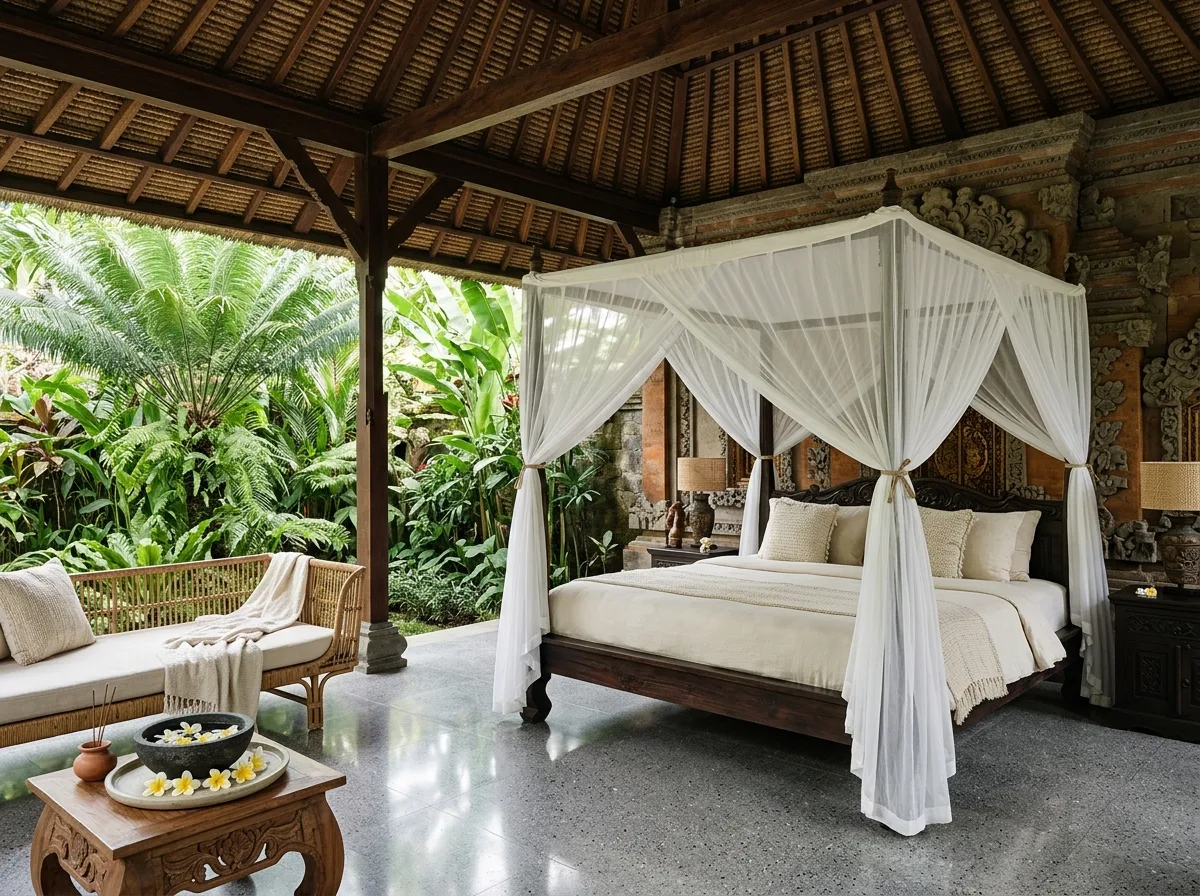 Balinese Bedroom: Four-Poster Teak Bed with Mosquito Net