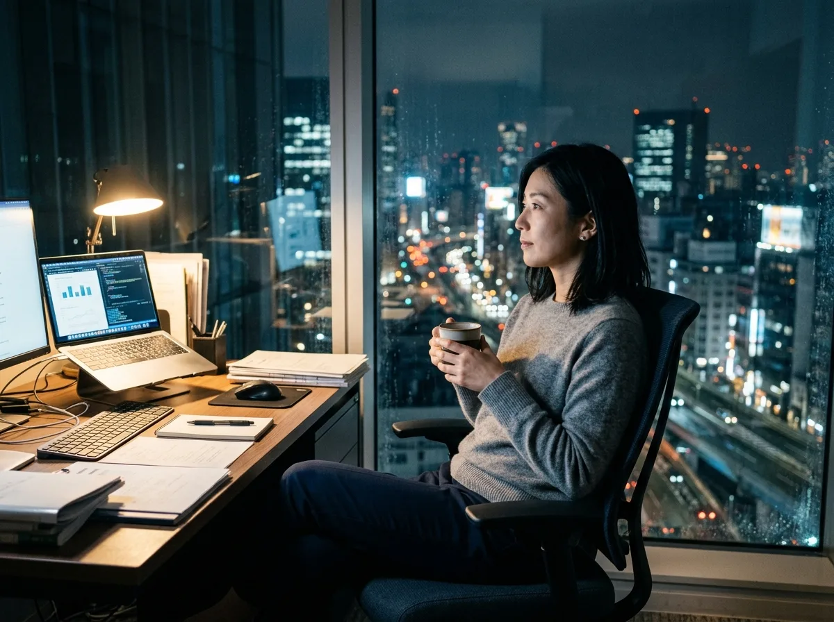 夜遅くまでの残業後の静かな時間