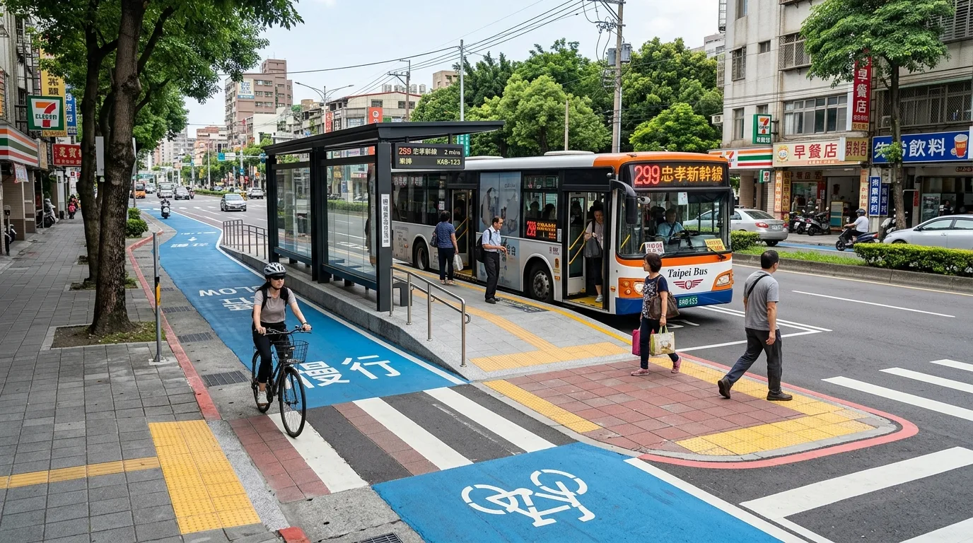 島式バス停：自転車道はプラットフォームの後方を迂回