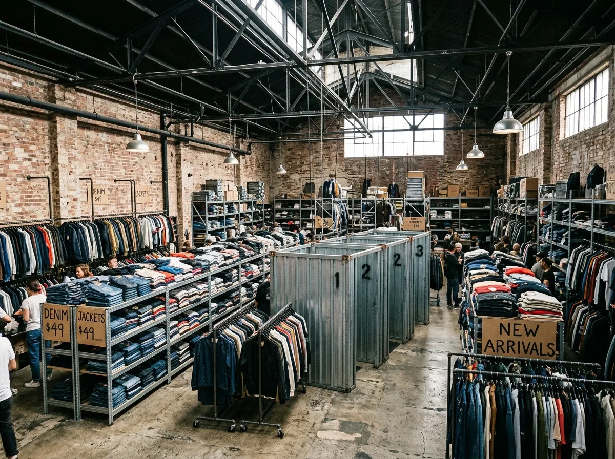 Warehouse Industrial Style Clothing Store: Shelving, Steel Structure, and High Density