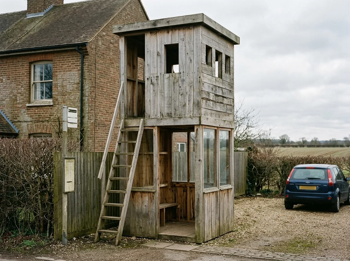 Wooden Tower Bus Stop: Three-Sided Glass and Small Second-Floor Windows