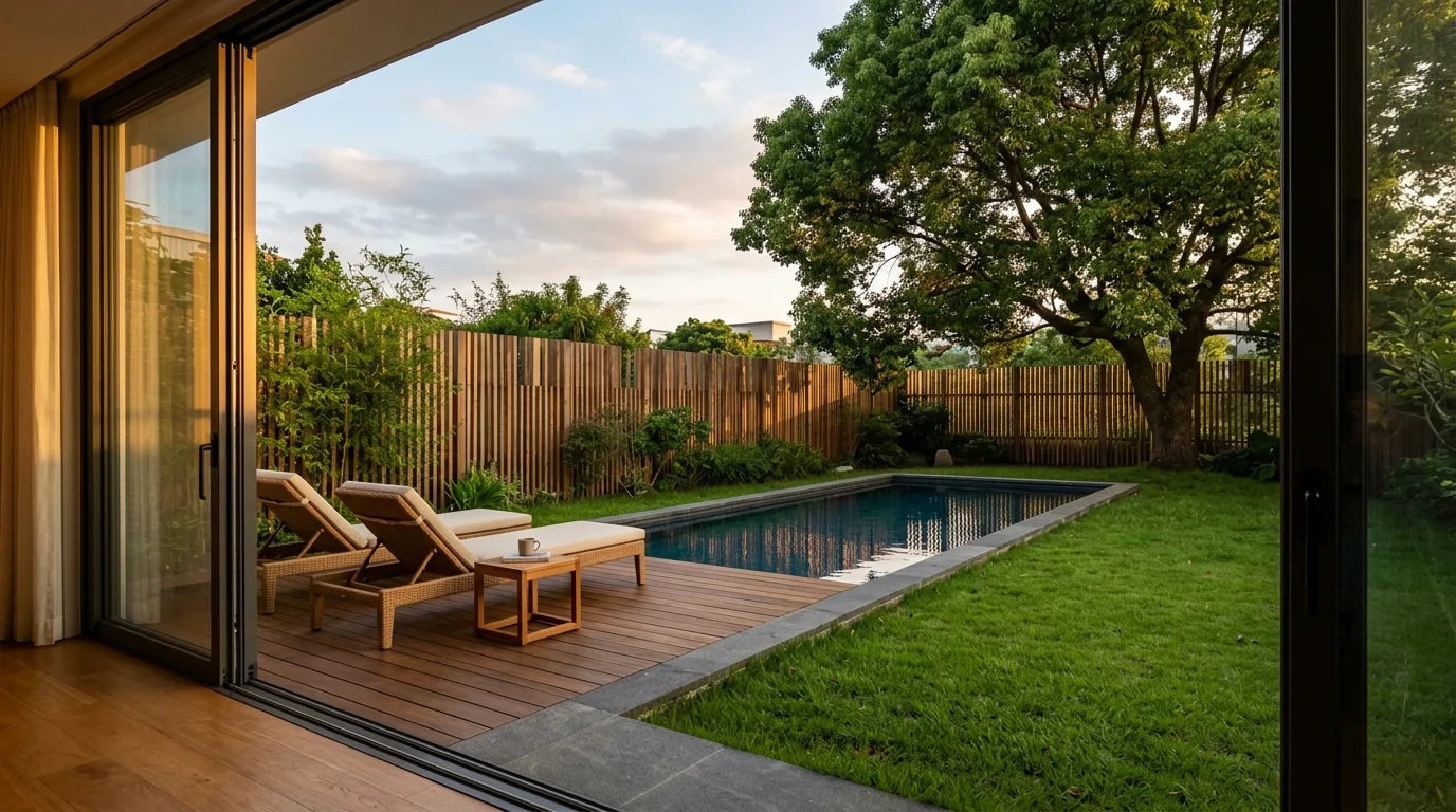 Backyard Pool for a Detached House: Lawn, Deck, and Fence