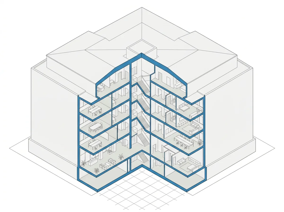 Sectional Axonometric: A Stereoscopic Section Cutting a Corner