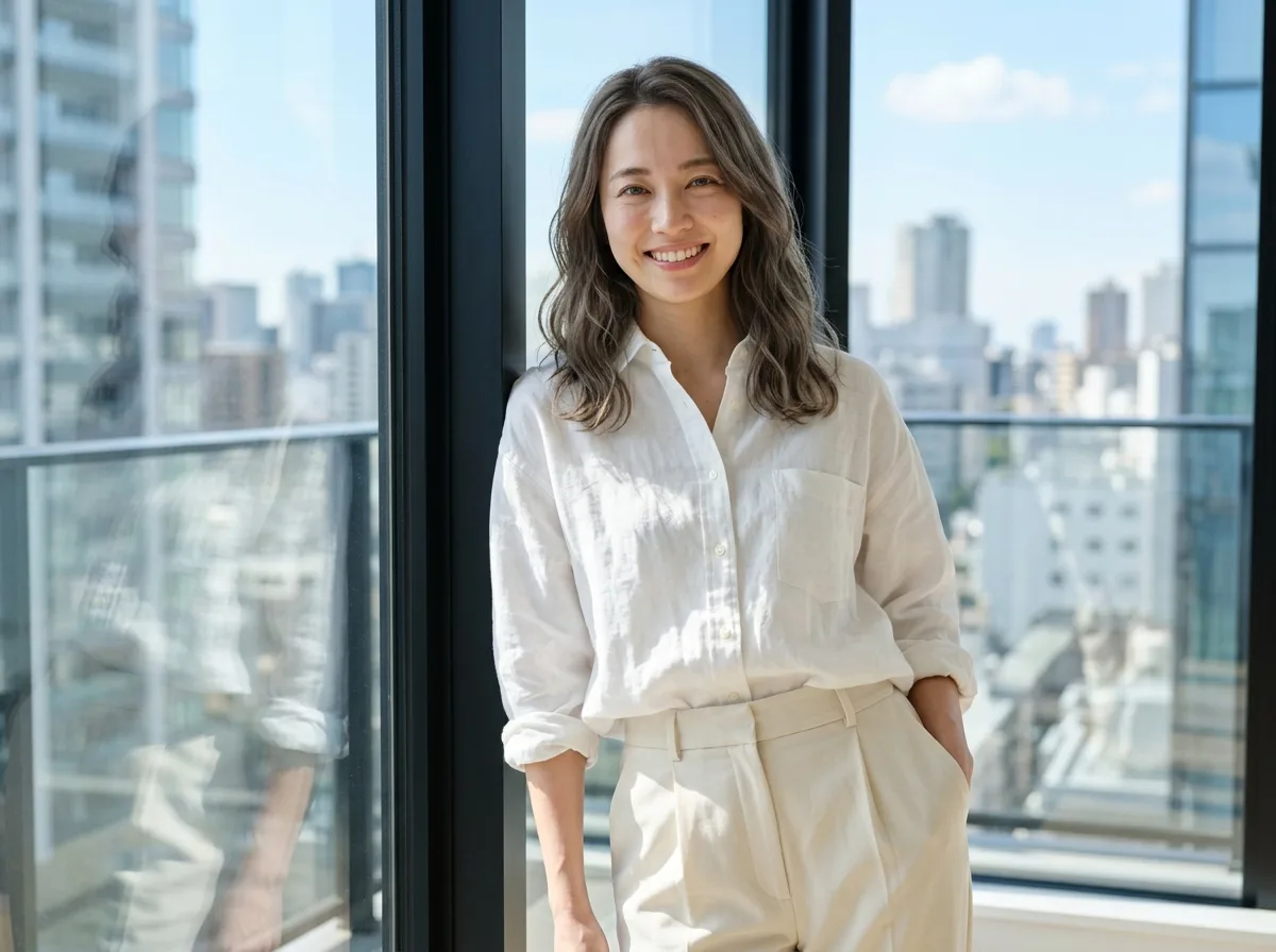Tokyo high-rise balcony・White linen shirt and harsh noon light
