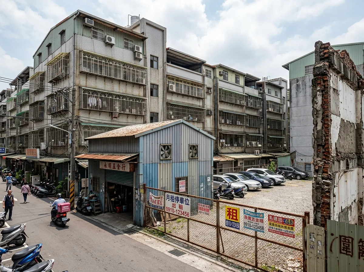 トタン工場と空き地が住宅地に挟まれて