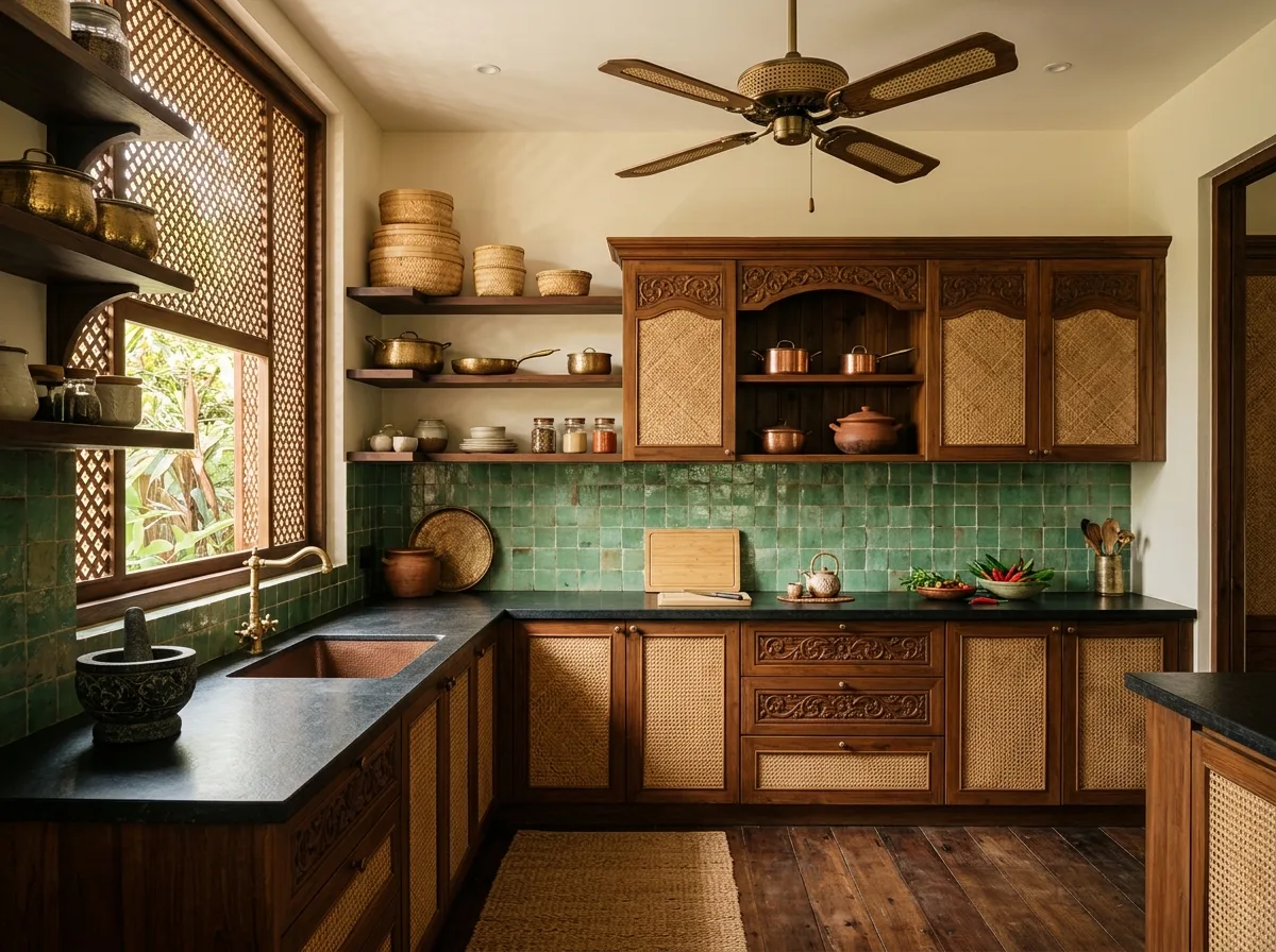 Southeast Asian Kitchen: Carved Wooden Cabinets and Brassware