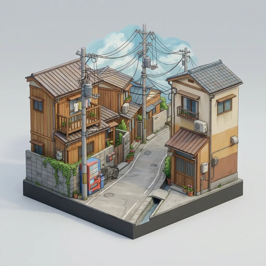 手描きアニメ風日本の住宅街