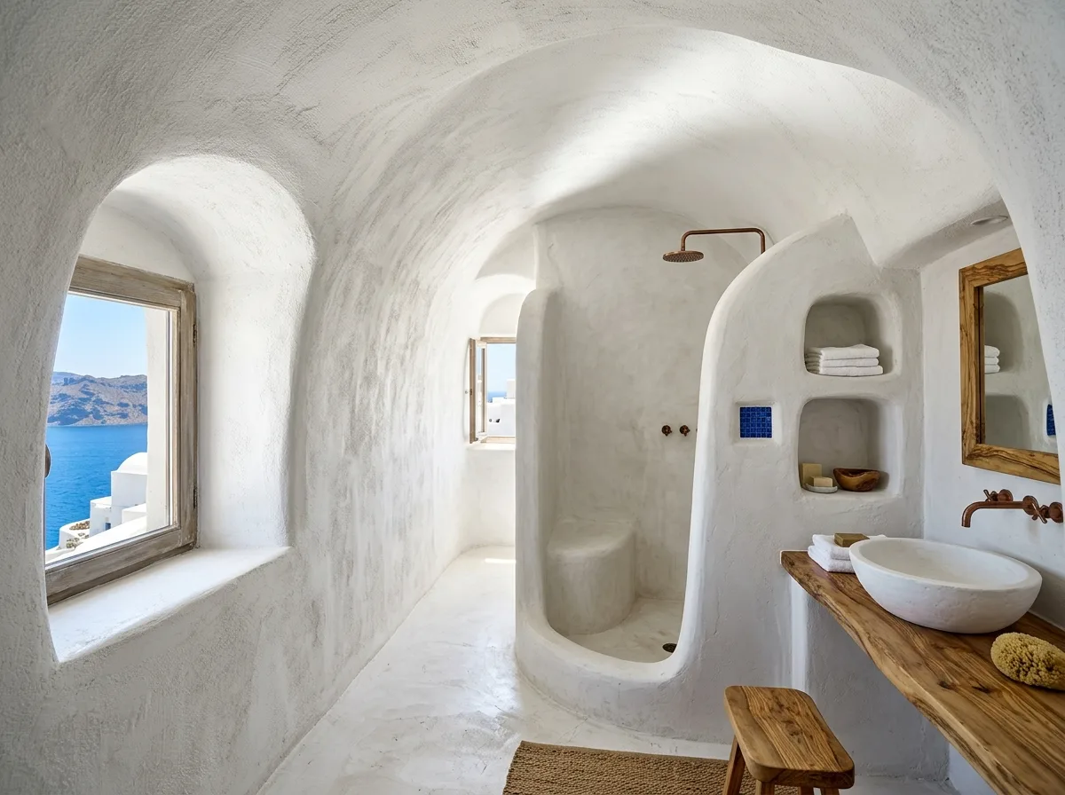 Mediterranean Bathroom: Arched Stucco and Recessed Niches