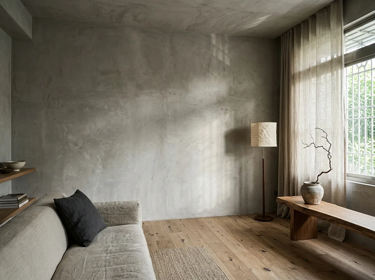 Wabi-Sabi Grey Living Room: Mineral Paint & Terracotta