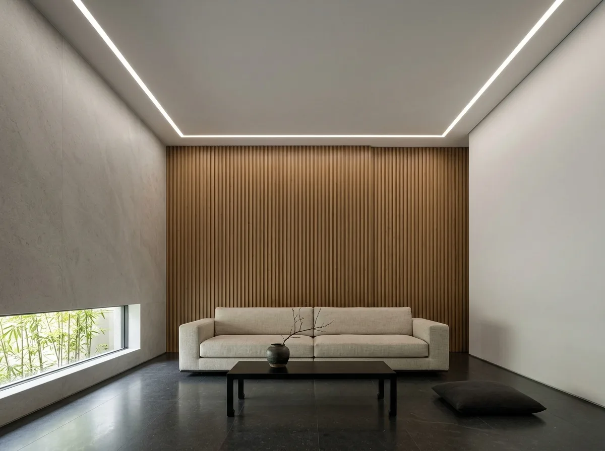 Oriental White Space Living Room: Large-Scale Materials and Linear Light Grooves
