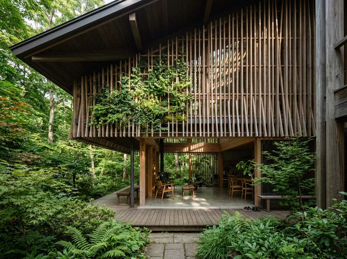 Climate-Responsive Envelopes: Deep Eaves, Timber Louvers, and Vegetation