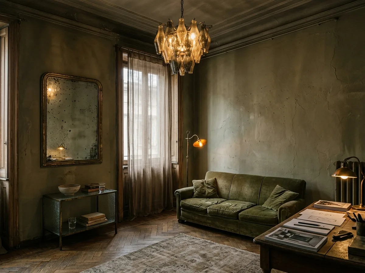Contemporary Milanese Layers: Antiques, Velvet, and Muted Greens