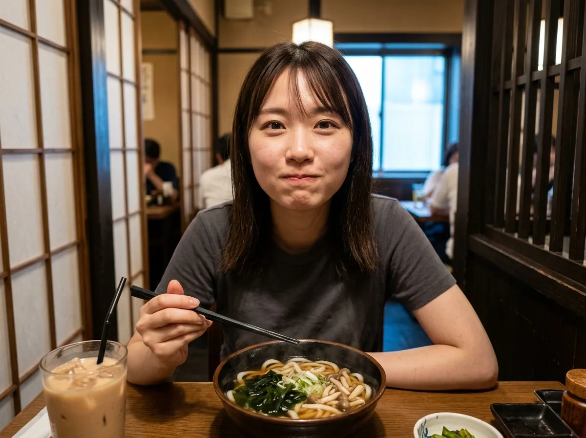 Eating Noodles at a Japanese Restaurant: A Moment Captured by a Friend