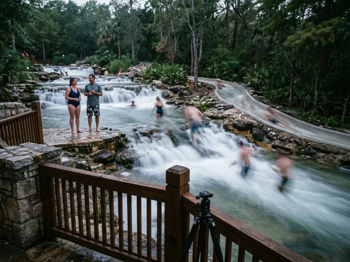 Water and People Under Slow Shutter: Coexistence of Flow and Stillness