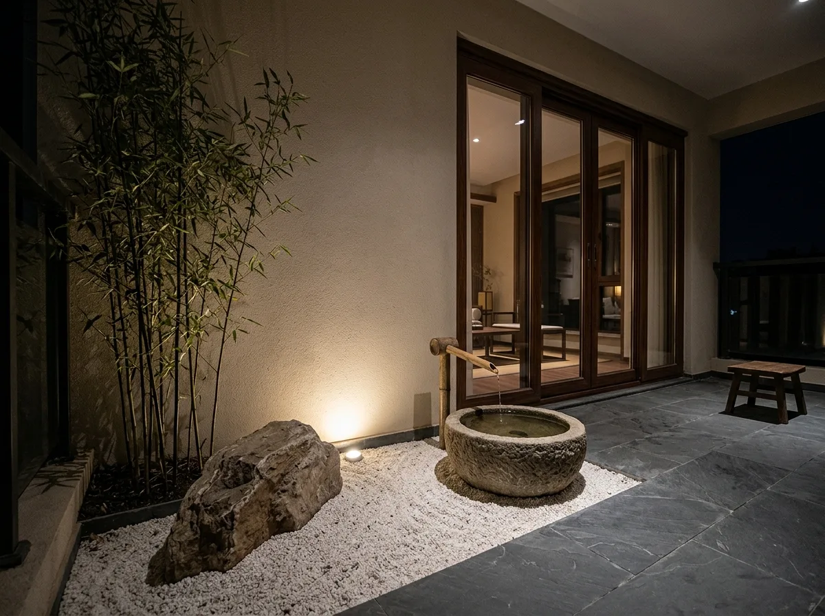新中式・阳台：一竹一石一水