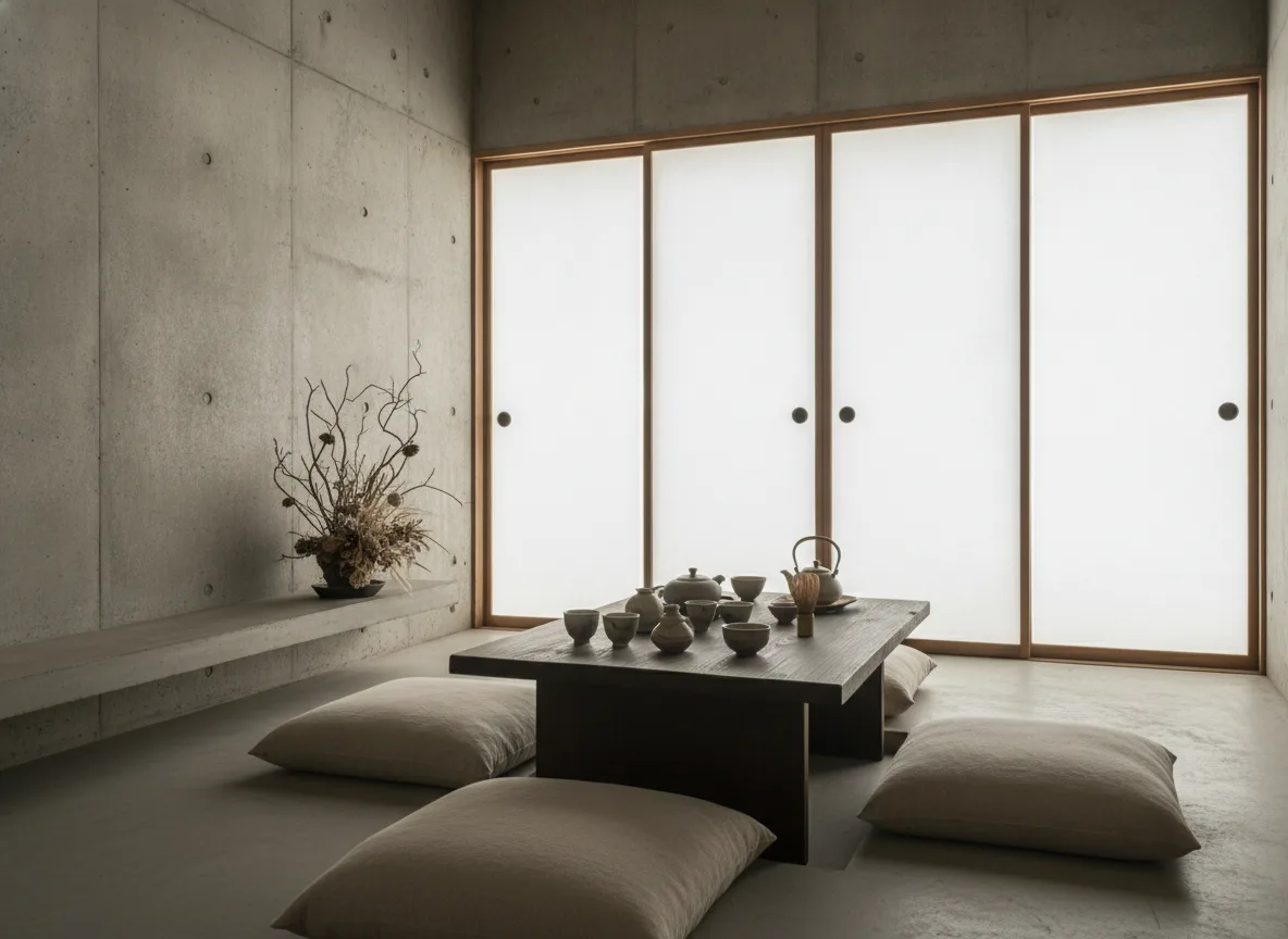 Japanese Wabi-Sabi Tea Room with Flowing Light and Shadow