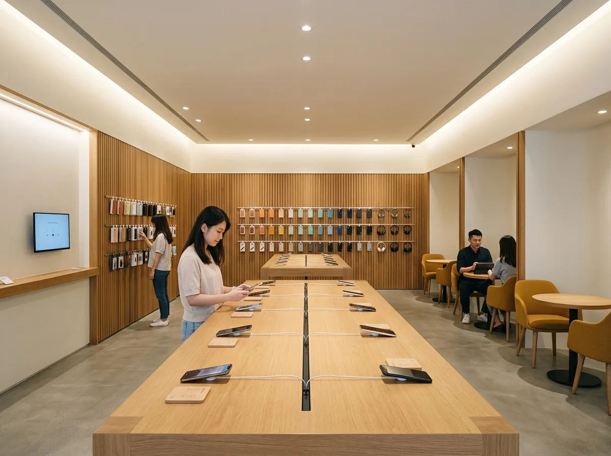 携帯電話・通信キャリアショップ：ディスプレイウォールと体験テーブル