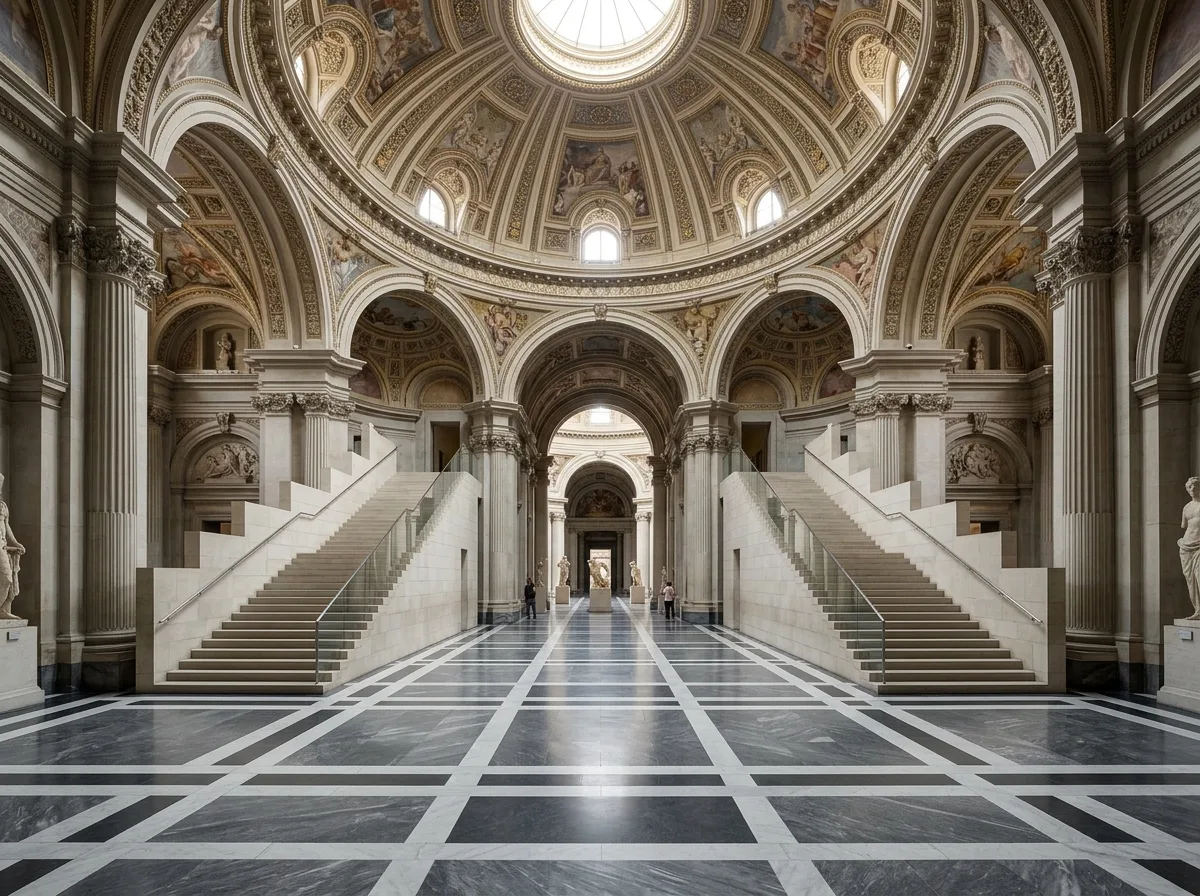 Museum's Central Hall: Symmetrical Staircase and Vaulted Skylight