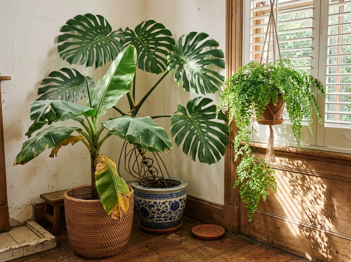 植物：バナナ、ヤシ、シダ