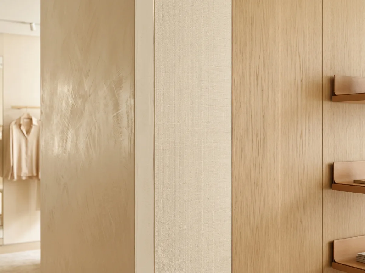 Walls: Hand-Troweled Plaster, Silk Fabric, and Wood Veneer