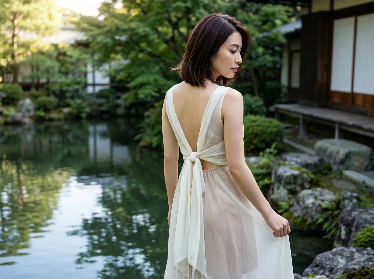 白布的结 Knoten: 日本庭园池畔的背影