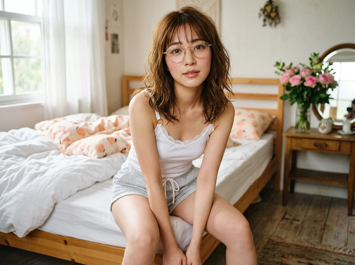 圆框眼镜与早晨的房间・床沿的前倾