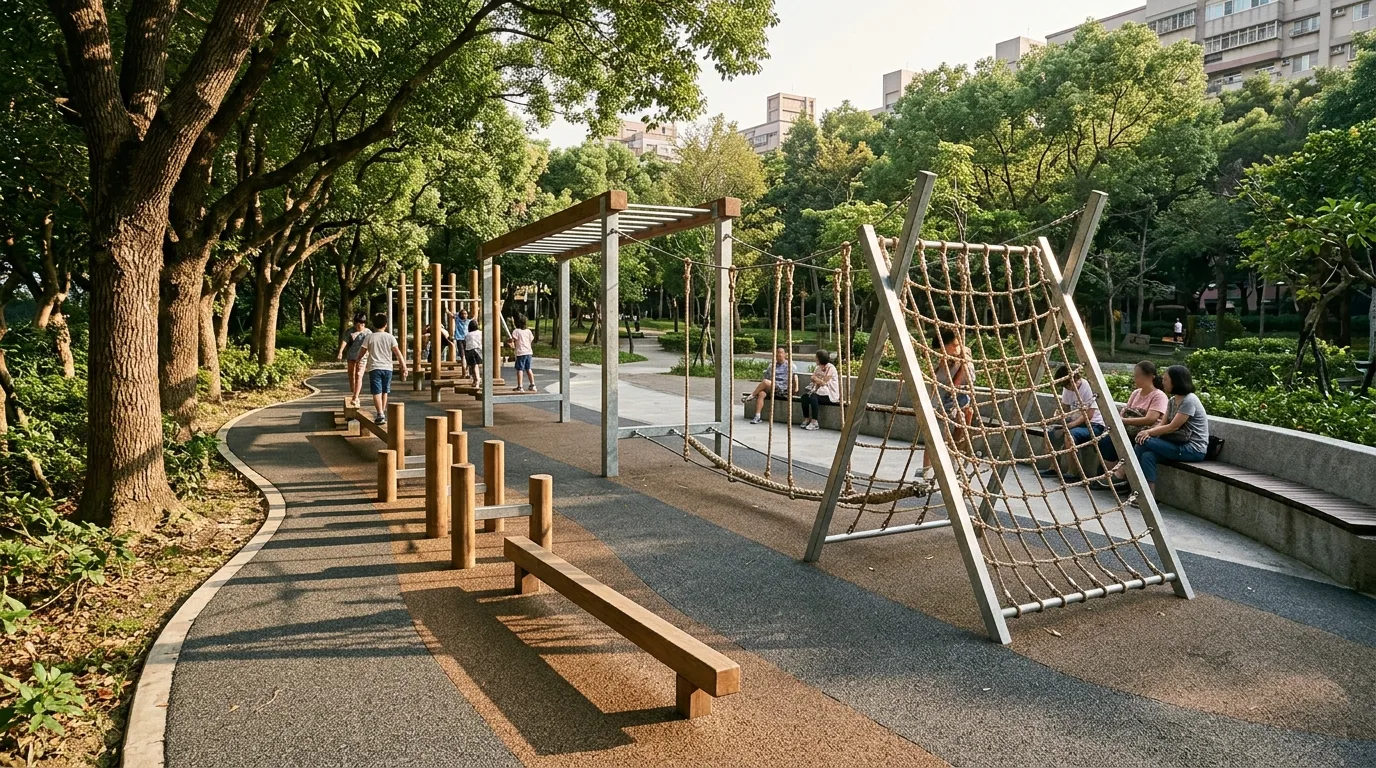 Mountain Training Play Area: Balance Beam, Horizontal Bar, Jumping Poles & Pull Rope
